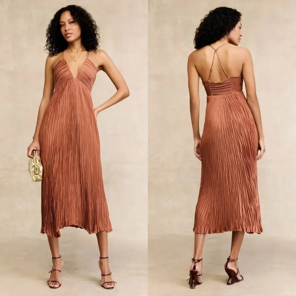 alc orange angelina dress A.L.C. Angelina Dress Pleated Sleeveless Plunging V-Neck Midi Cocktail  Orange 6